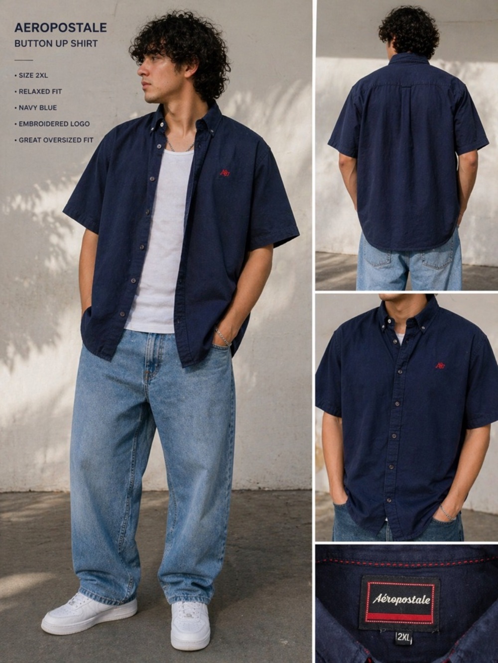 Aeropostale Navy Blue Short-Sleeve Button-Down Shirt Size XXL